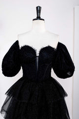 Formal Dresses Truworths, Saprkly Black Off-Shoulder Puff Sleeves Layers Long Prom Dress