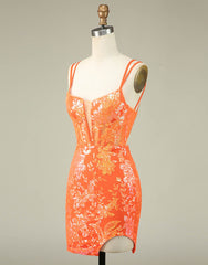 Orange Double Spaghetti Straps Glitter SequinTight Homecoming Dress