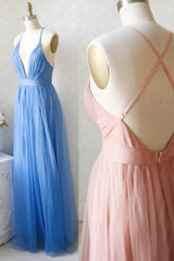 Prom Dresses Long Beautiful, A-Line Tulle Long Prom Dresses, Simple V-Neck Party Dresses