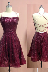 Bridesmaid Dress Inspo, Burgundy Spaghetti Straps Sleeveless A Line Sequins Homecoming Dresses