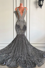 Gray Mermaid Sequins Prom Dress Sleeveless Long With Crystals