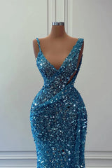 Blue Sleeveless Long Mermaid Sequins Prom Dress