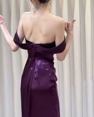 Purple Satin Off Shoulder Long Evening Dress, Purple Satin Prom Dress