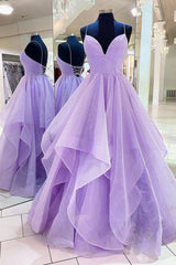 Evening Dress 1933, Purple A-Line Tulle Long Prom Dresses, Purple Party Evening Gowns