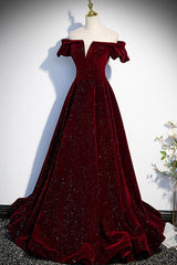 Party Dresses Website, Burgundy Velvet Long Prom Dresses, Off the Shoulder Formal Evening Dresses