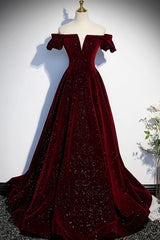 Party Dresses For Teen, Burgundy Velvet Long Prom Dresses, Off the Shoulder Formal Evening Dresses