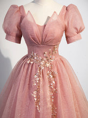 Homecomming Dress With Sleeves, Pink Tulle Floor Length Prom Dress with Short Sleeve, Beautiful A-Line Evening Dress