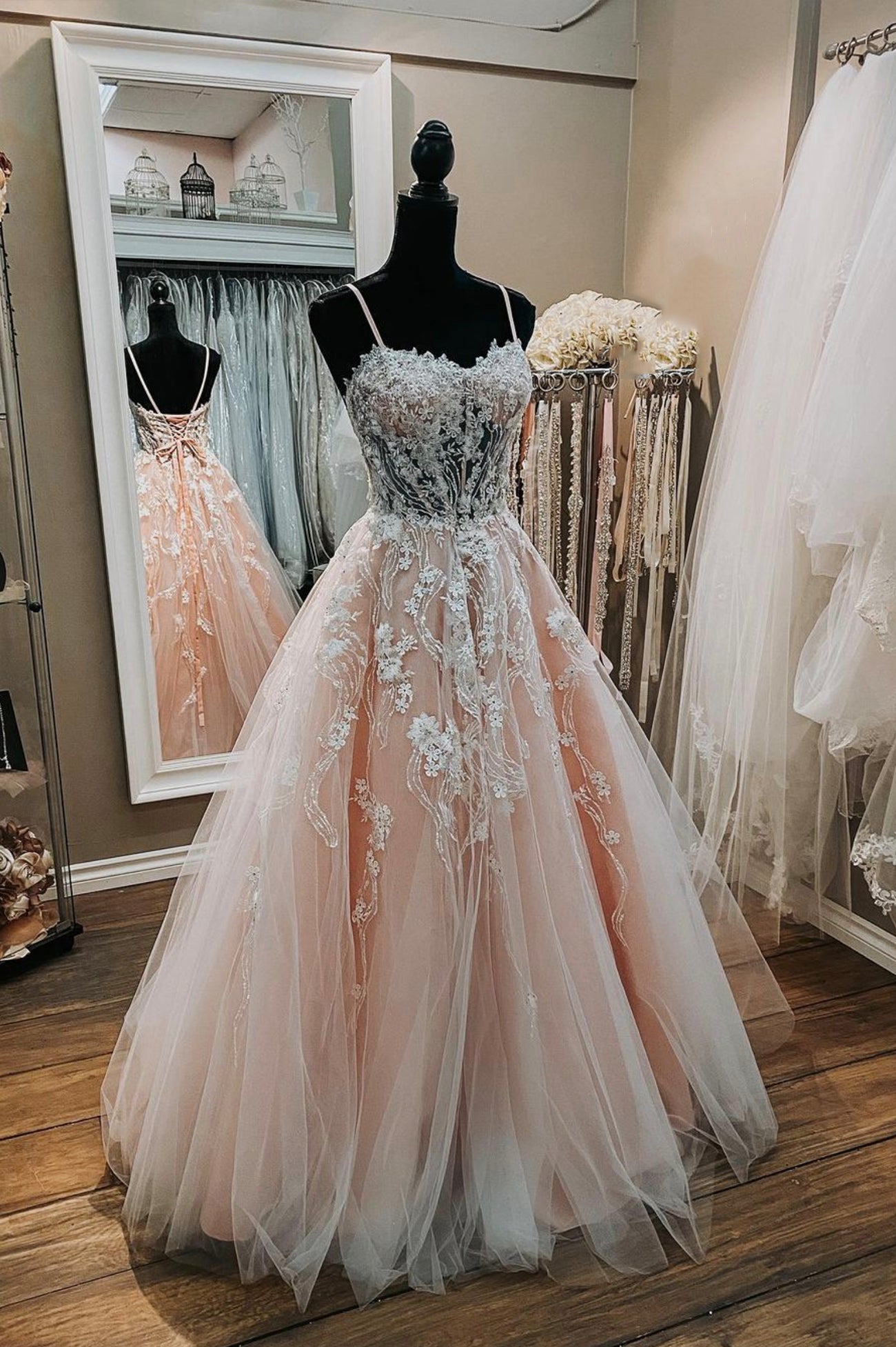 Prom Dresses 2018, Pink Sweetheart Neck Lace Long Prom Dresses, A-Line Formal Dresses