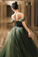 Beautiful Green Tulle Long Prom Dress, A-Line Off the Shoulder Graduation Dress