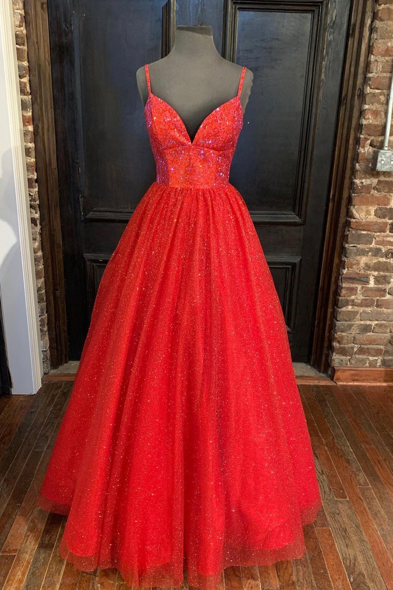 Evening Dress Elegant, Red Tulle Beading Long Prom Dresses, A-Line Evening Party Dresses