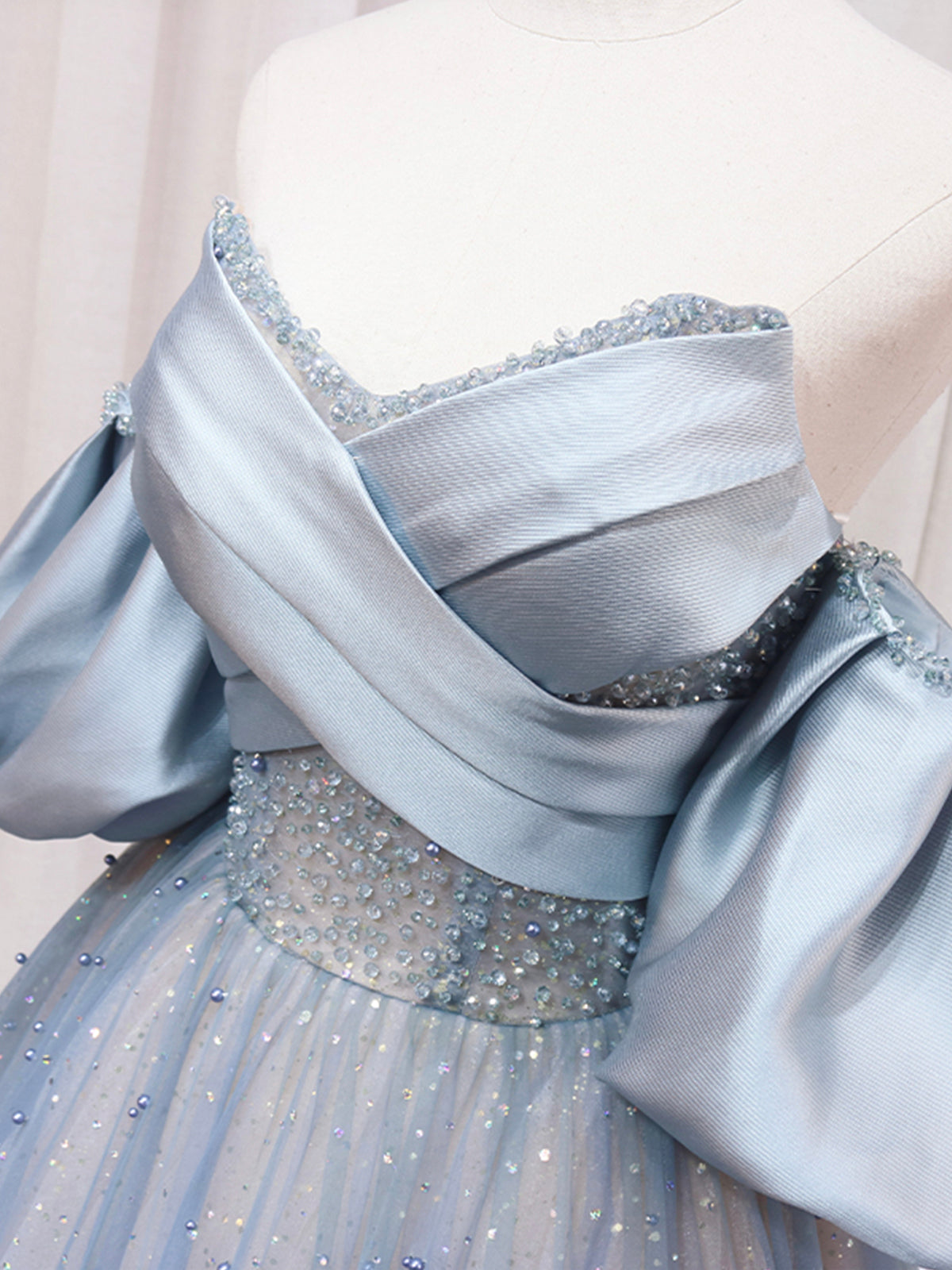 Evening Dress Suit, Blue Puff Sleeve Long A-Line Prom Dress, Off the Shoulder Formal Evening Dress