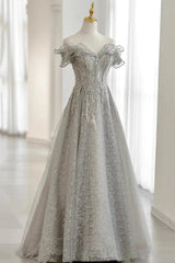 Prom Dresses 3 18 Sleeves, Grey Tulle Sequins Long A-Line Prom Dresses, Off the Shoulder Evening Dresses