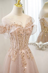 Homecoming Dress Shop, Pink Tulle Sequins Long Prom Dresses, A-Line Off the Shoulder Evening Dresses