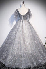 Prom Dress Sleeves, Grey V-Neck Tulle Long Prom Dresses, A-Line Evening Dresses