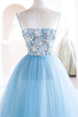 Evening Dresses Near Me, Blue Spaghetti Strap Tulle Beading Long A-Line Prom Dresses