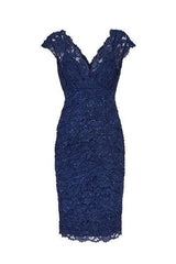 Formal Dress Shop, Sexy V Neck Navy Blue Lace Short Mother of the Bride Dress