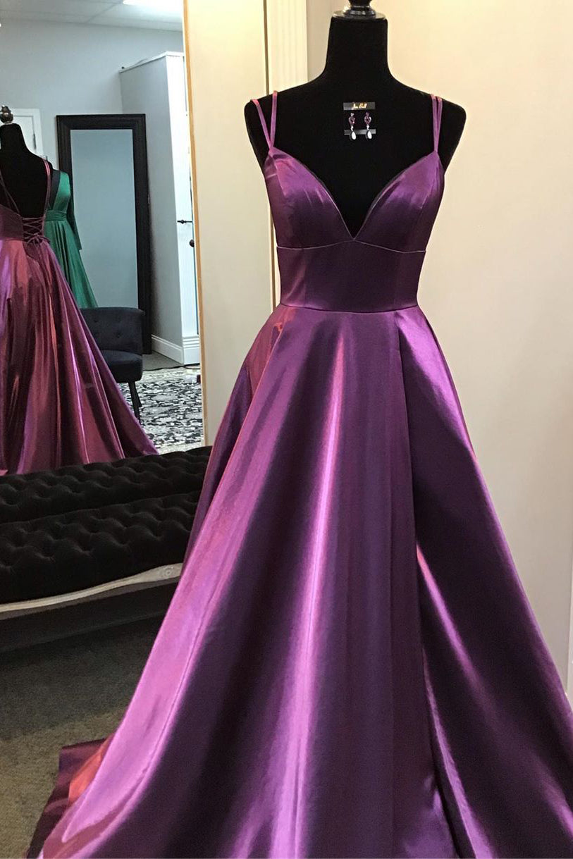 Homecomming Dresses Vintage, Gorgeous V Neck Lace-up Back Plum Long Prom Dress