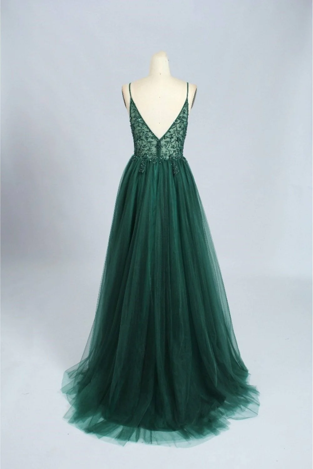 Formal Dress Long Gown, Green V-Neckline Beaded Tulle Floor Length Party Dress, A-Line Green Prom Dress