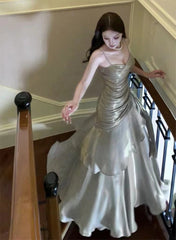 Sliver Grey Satin Straps Long Formal Gown, Cute Long Prom Dress