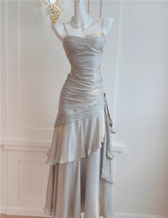 Sliver Grey Satin Straps Long Formal Gown, Cute Long Prom Dress