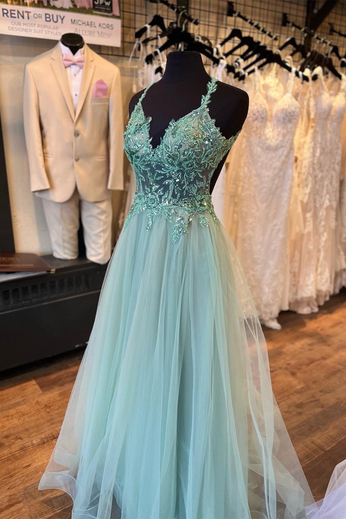 Evening Dresses Yde, Dusty Sage Flower Straps Beaded V Neck Long Prom Dress