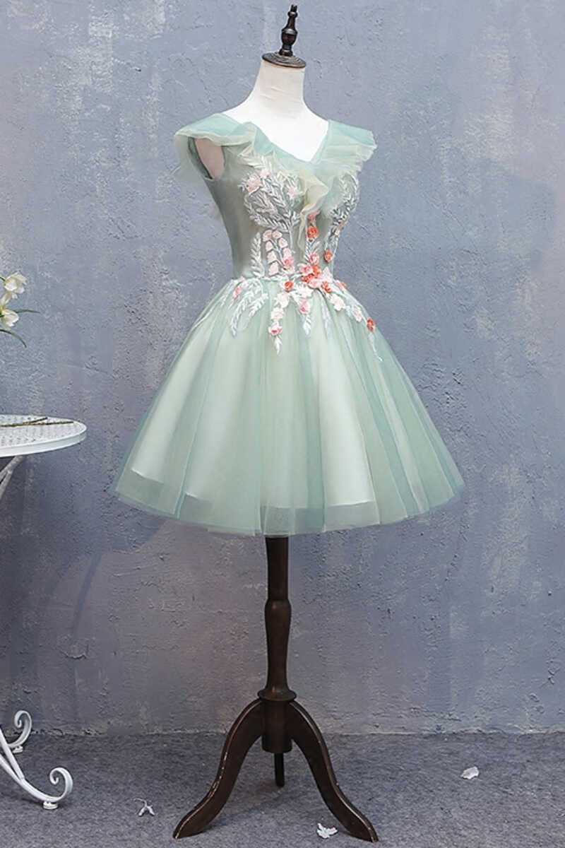 Wedding Inspo, Light Green Appliques V-Neck A-Line Short Homecoming Dress