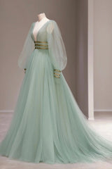 Prom Dress Shiny, Green V-Neck Tulle Long Prom Dress, Long Sleeve Evening Dress