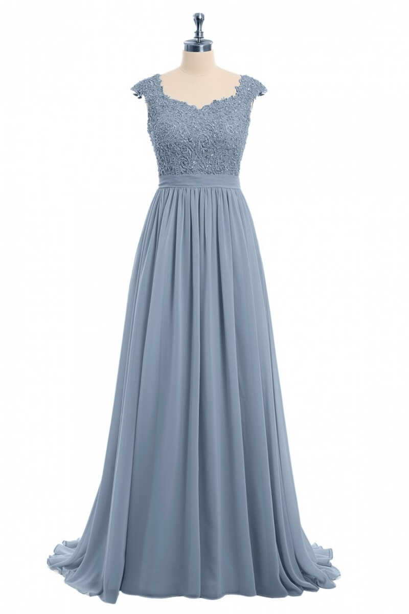 Evening Dress With Sleeve, Dusty Blue Lace Cap Sleeve A-Line Floor-Length Bridesmaid Dress