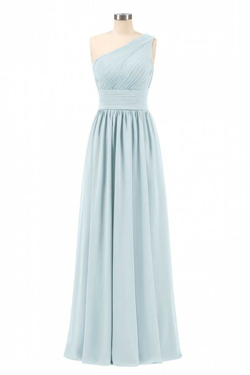 Prom Dresses Around Me, Dusty Blue Chiffon One-Shoulder Banded Waist Bridesmaid Dress