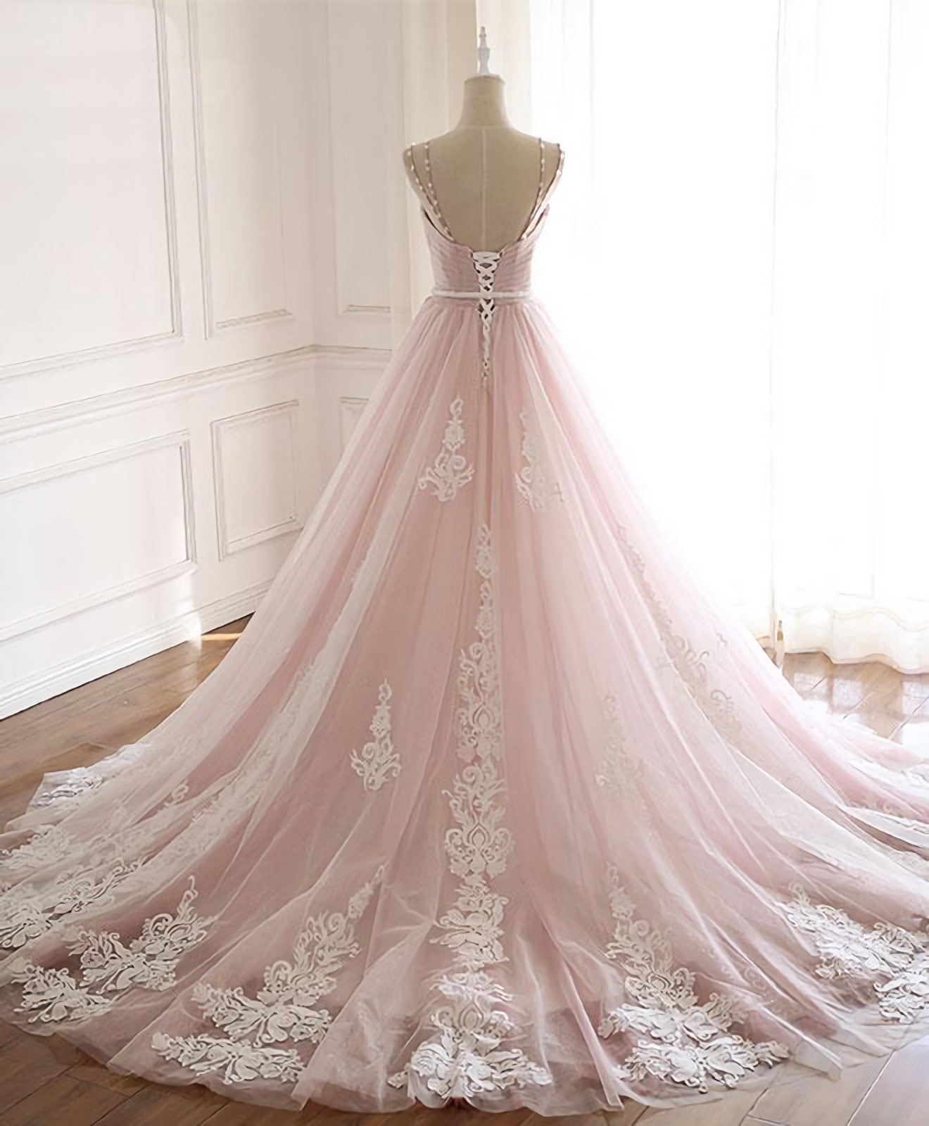 Party Dresses Store, Pink Sweetheart Lace Tulle Long Prom Dress, Lace Pink Evening Dress