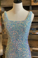 Prom Dress Long, Light Blue Iridescent Sequin Square Neck Mermaid Long Formal Dress