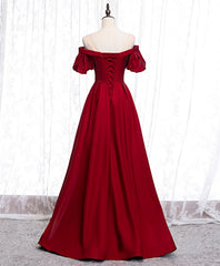 Spring Wedding, Simple Sweetheart Burgundy Satin Long Prom Dress, Burgundy Evening Dress