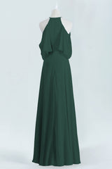 Party Dress Shiny, Hunter Green Chiffon A-line Long Bridesmaid Dress with Cold Sleeves