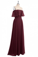 Prom Dresses Princess, Burgundy Chiffon Strapless Ruffled A-Line Long Bridesmaid Dress