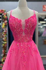 Party Dresses Purple, Hot Pink Tulle Appliques Lace-Up A-Line Long Prom Dress