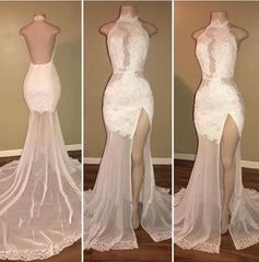 Prom Dress Aesthetic, New Arrival Sheath White High Neck Side Slit Lace Backless See Through African Prom Dresses