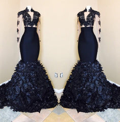 Prom Dresses Backless, Dark Navy Mermaid Long Sleeves See Through Leaves Pleated African Prom Dresses