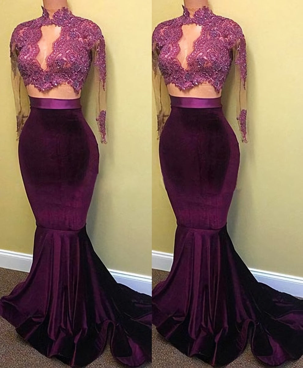 Formal Dress Store, Two Piece Long Sleeve Mermaid Turtle Neck Applique Prom Dresses