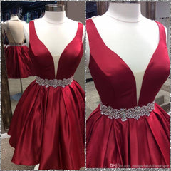 Ruffle Dress, Deep V Neck Sleeveless Burgundy Pleated Satin Backless Homecoming Dresses