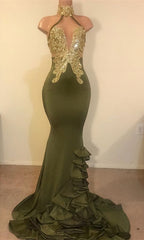 Formal Dress Gowns, 2024 New Arrival Mermaid High Neck Beaded Green Ruch Backless Prom Dresses