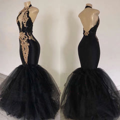 Homecoming Dress Pink, 2024 Sexy Prom Dresses, Black Mermaid Tulle With Gold Appliques V Neck Backless