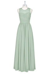 Formal Dresses For Teen, Sage Green Chiffon Sheer Neck A-Line Long Bridesmaid Dress