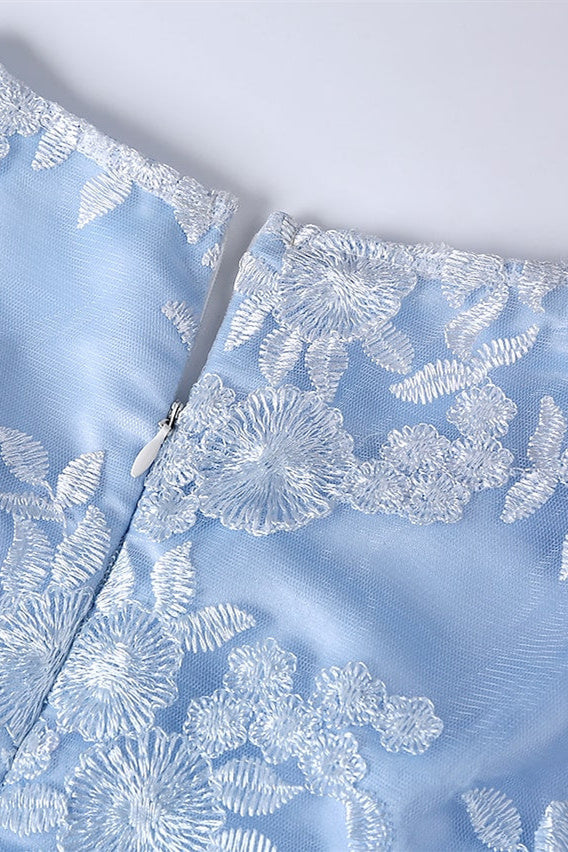 Short Prom Dress, Light Blue Crew Neck Lace Half Sleeve Short Mother of the Bride Dress