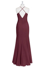 Prom Dresses Fitted, Burgundy Chiffon Cross-Back Mermaid Long Bridesmaid Dress