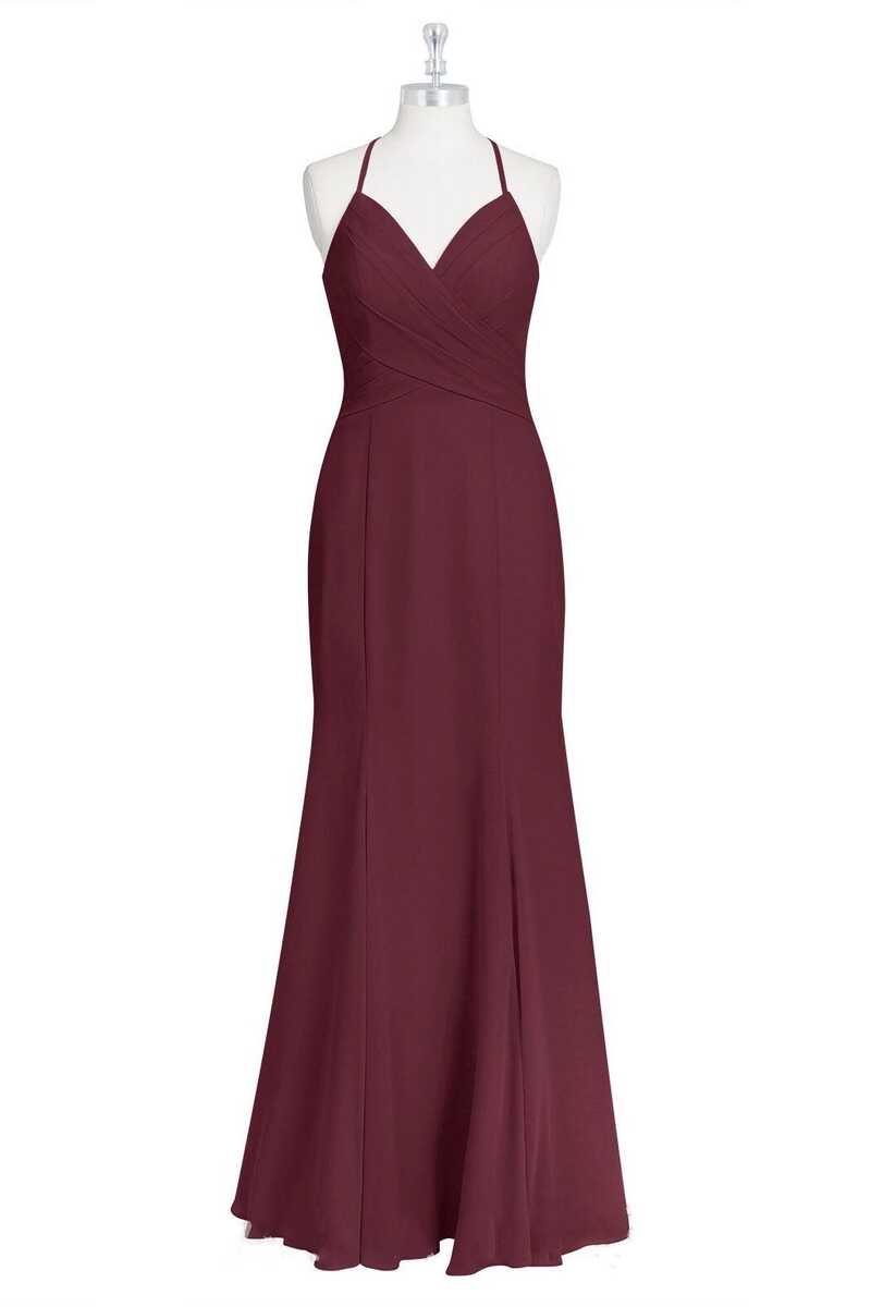 Prom Dress A Line Prom Dress, Burgundy Chiffon Cross-Back Mermaid Long Bridesmaid Dress