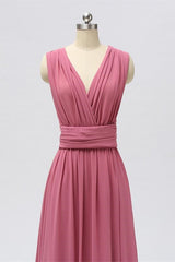 Evening Dress Store, Dusty Rose Chiffon Wrap A-Line Long Bridesmaid Dress