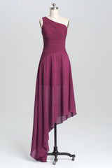 Evening Dress, One Shoulder Plum Asymmetric Chiffon Long Party Dress