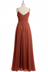 Formal Dresses For Wedding Guests, Rust Orange Spaghetti Straps Sweetheart Ruffled Long Bridesmaid Dress