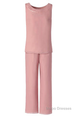 Three-Piece Pink Chiffon Half Sleeve Mother of the Bride Pant Suits