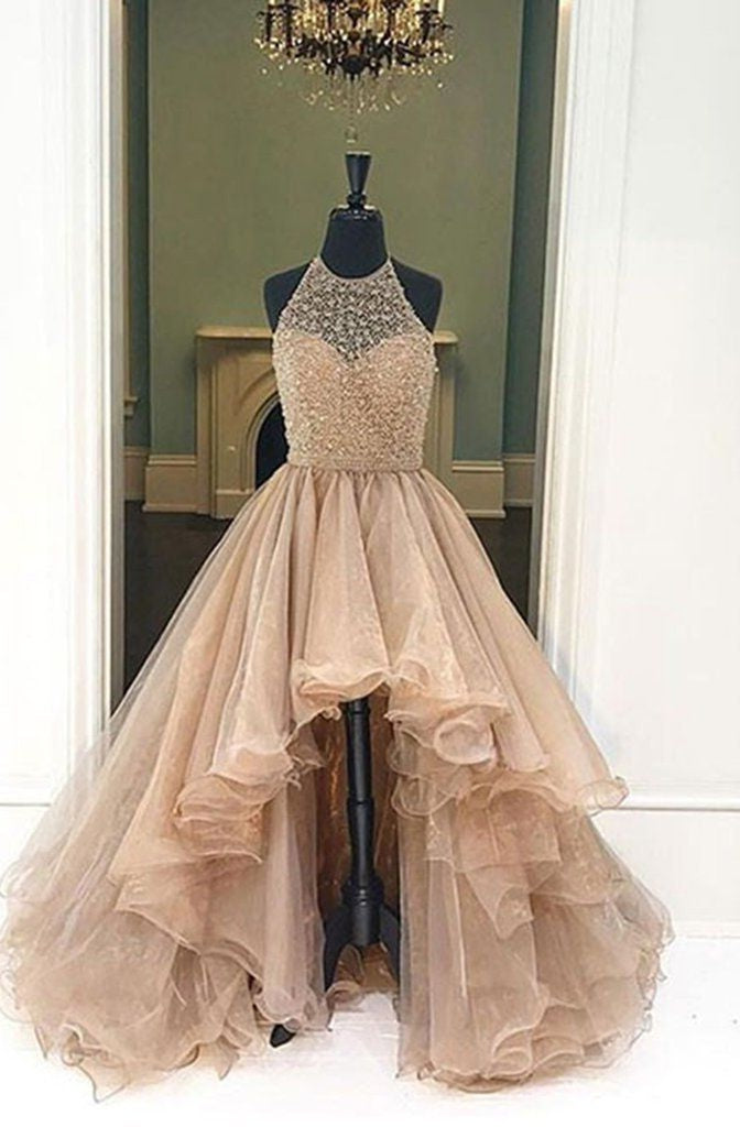 Evening Dress Elegant Classy, 2024 Halter Beaded High Low Organza Champagne Prom Dresses